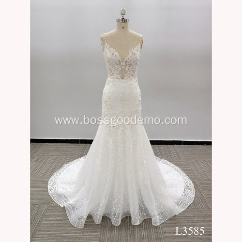 Latest design white applique elegant lace mermaid wedding dress with sweep train